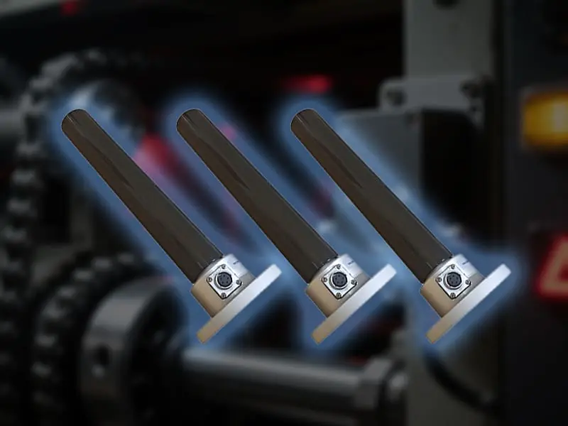 A Bedook TSEN cantilever web tension sensor (without roller) installed in a narrow space of equipment, surrounded by mechanical components