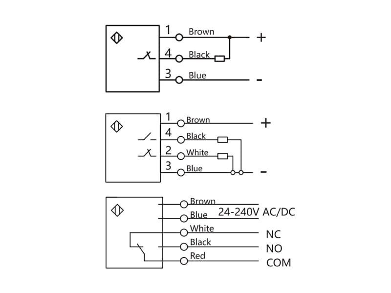 Photoelectric sensor wiring diagrams DC 2-wire, DC 4-wire and AC DC 5-wire configurations with wire color codes and NO NC COM terminal labels